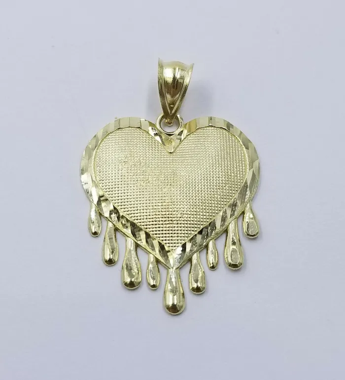 Gold and Diamond Necklaces 10K Yellow Gold Miami Cubin Link Chain Dripping Heart Diamond Cut Pendant