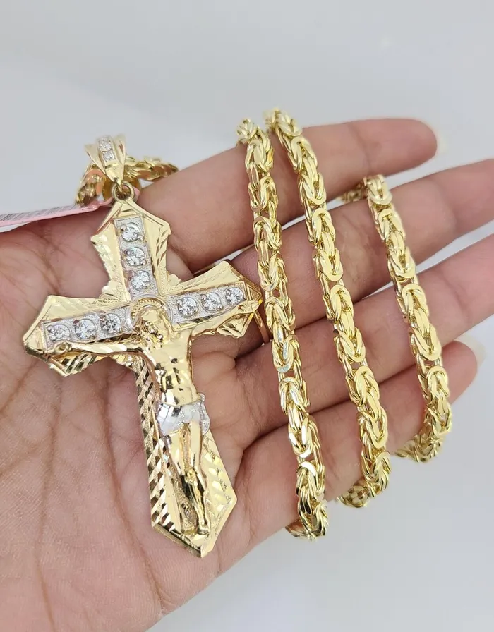Gold and Diamond Necklaces 14K Gold Necklace Chain Jesus Crucifix Cross Charm Turkish Byzantine 4mm 24