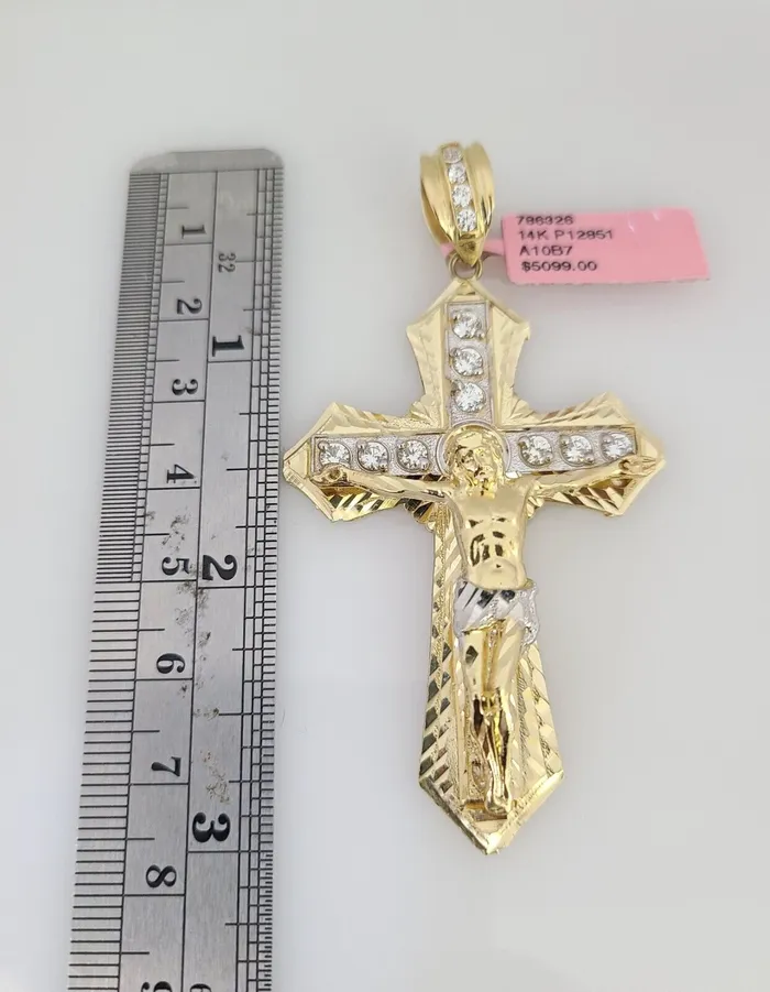 Gold and Diamond Necklaces 14K Gold Necklace Chain Jesus Crucifix Cross Charm Turkish Byzantine 4mm 24