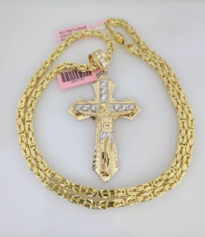 Gold and Diamond Necklaces 14K Gold Necklace Chain Jesus Crucifix Cross Charm Turkish Byzantine 4mm 24
