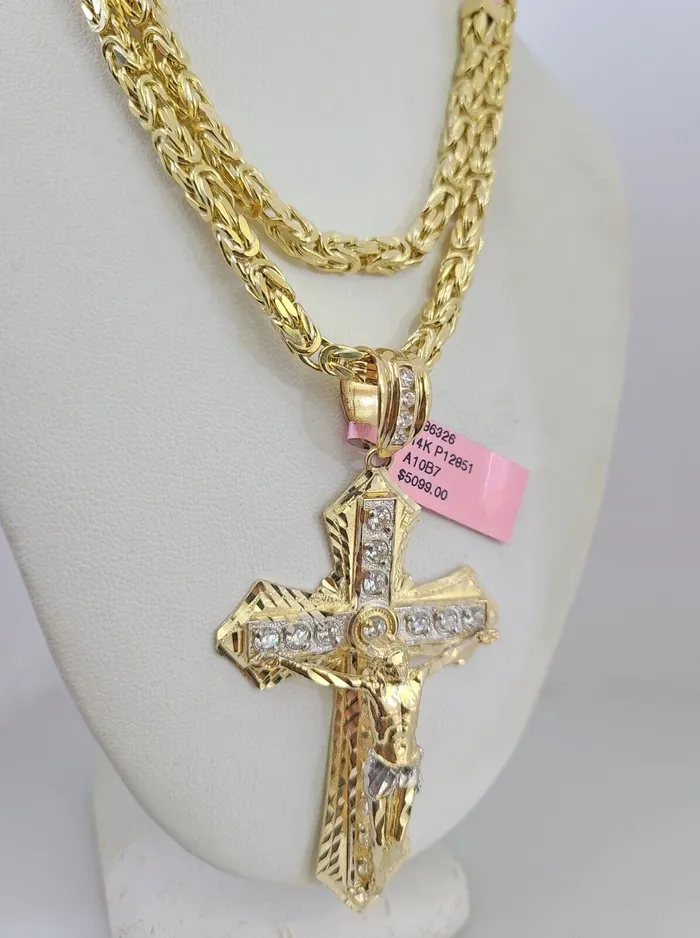 Gold and Diamond Necklaces 14K Gold Necklace Chain Jesus Crucifix Cross Charm Turkish Byzantine 4mm 24