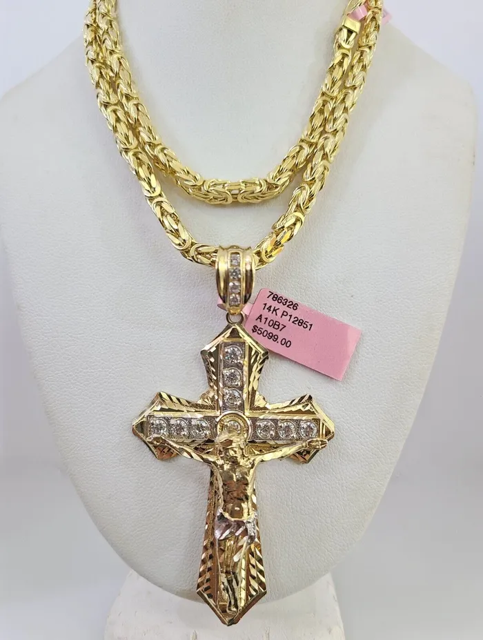 Gold and Diamond Necklaces 14K Gold Necklace Chain Jesus Crucifix Cross Charm Turkish Byzantine 4mm 24