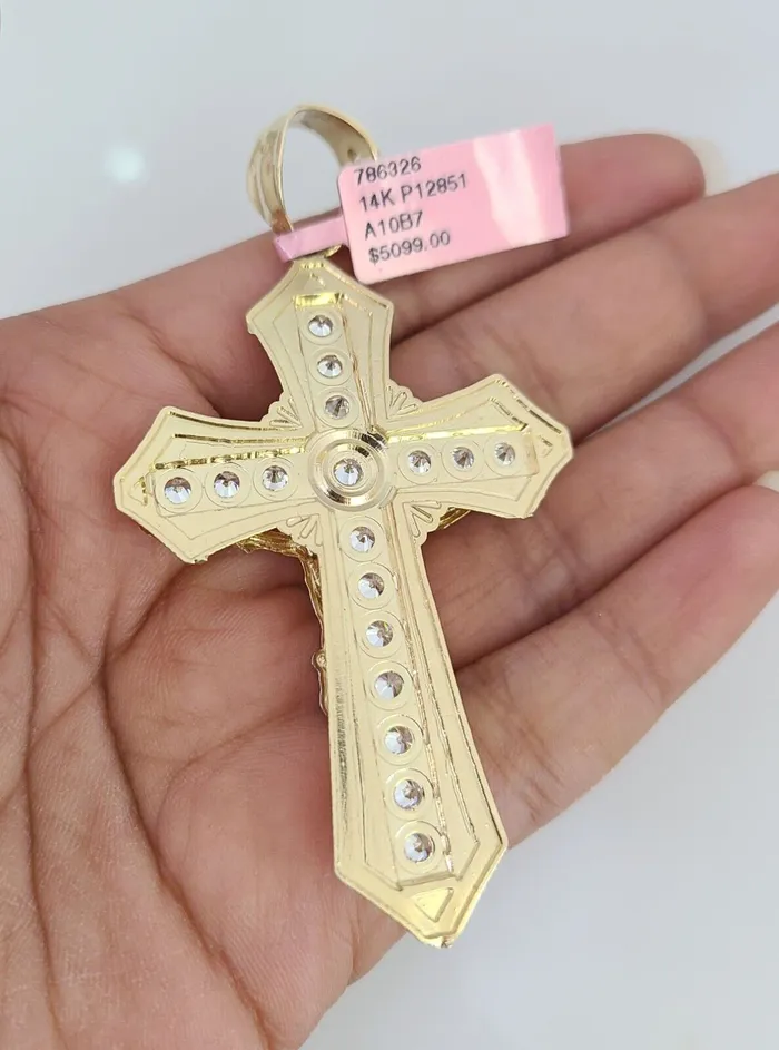 Gold and Diamond Necklaces 14K Gold Necklace Chain Jesus Crucifix Cross Charm Turkish Byzantine 4mm 24