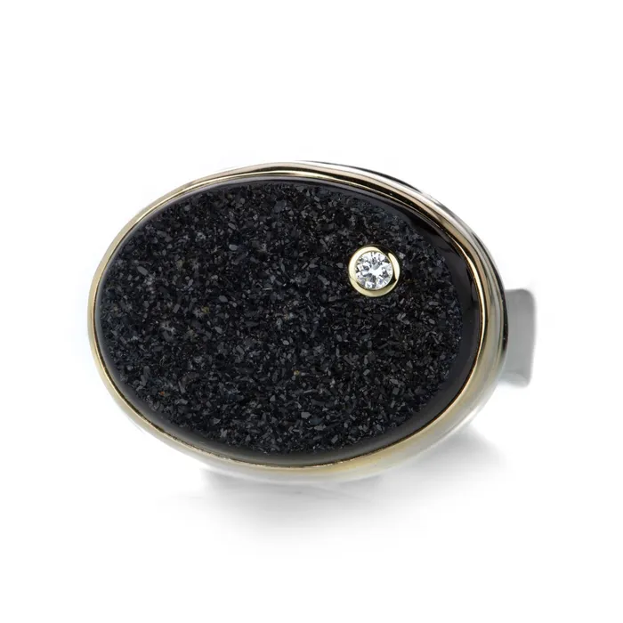 Jamie Joseph Rings Oval Black Druzy Ring with Diamond