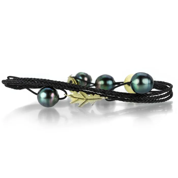 Lene Vibe Bracelets Tahitian Pearl and Gold Leaf Cord Bracelet