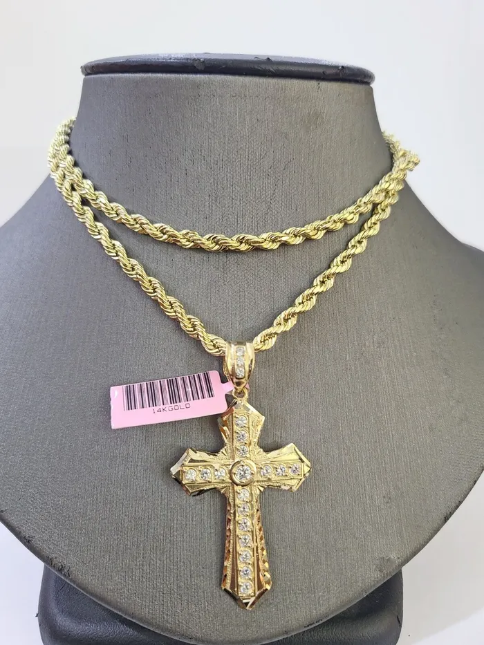 Necklaces 14k Yellow Gold Rope Chain CZ Cross Charm SET 5mm 18 Inches Necklace Globalwatches10