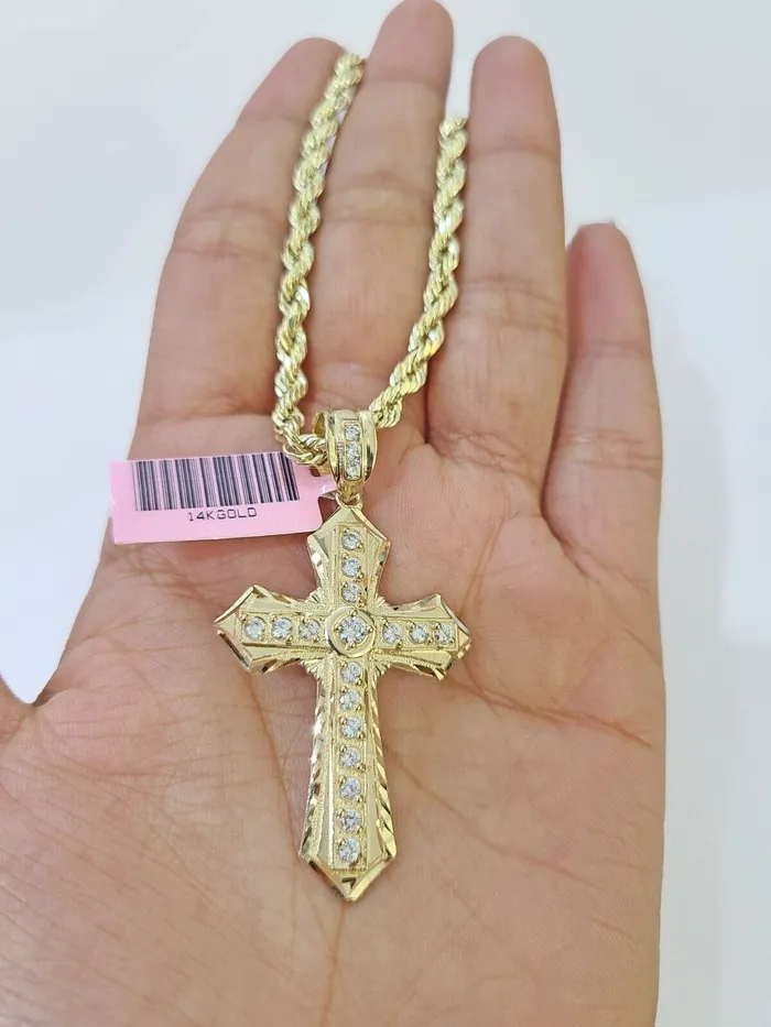 Necklaces 14k Yellow Gold Rope Chain CZ Cross Charm SET 5mm 18 Inches Necklace Globalwatches10