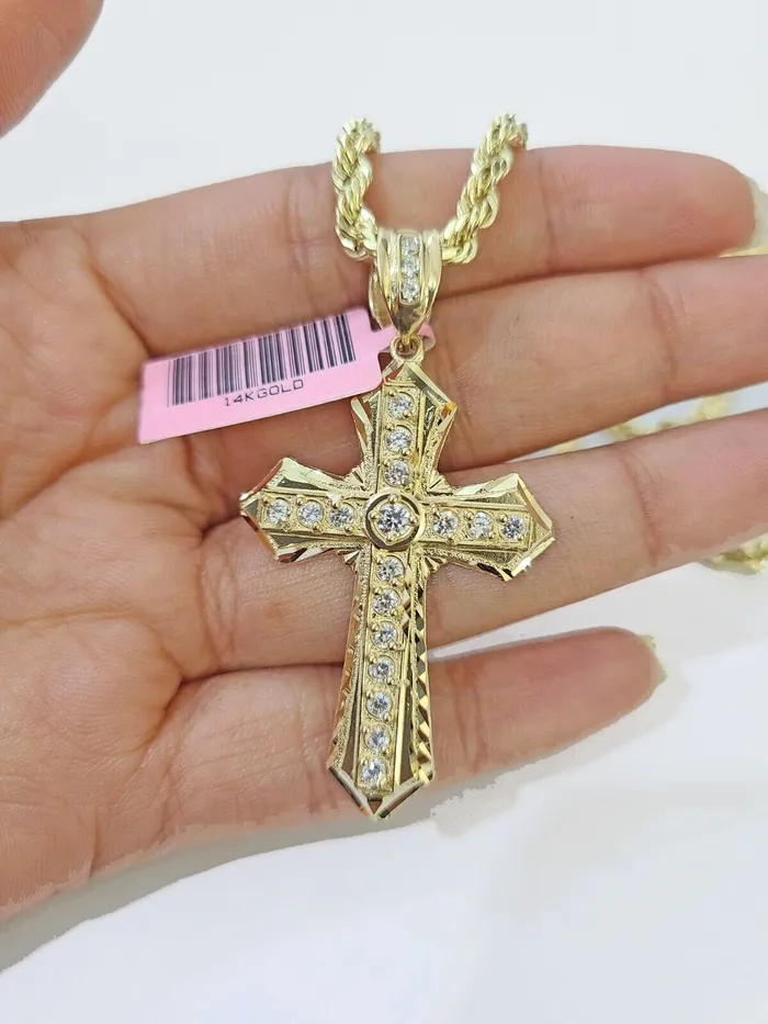 Necklaces 14k Yellow Gold Rope Chain CZ Cross Charm SET 5mm 18 Inches Necklace Globalwatches10