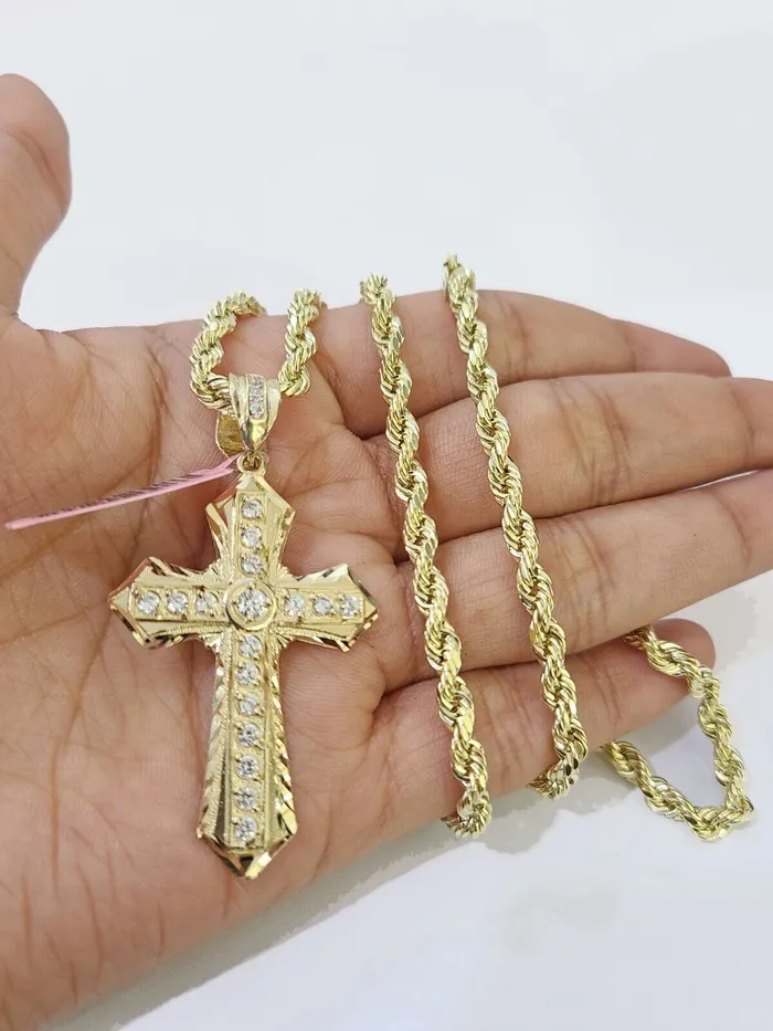 Necklaces 14k Yellow Gold Rope Chain CZ Cross Charm SET 5mm 18 Inches Necklace Globalwatches10