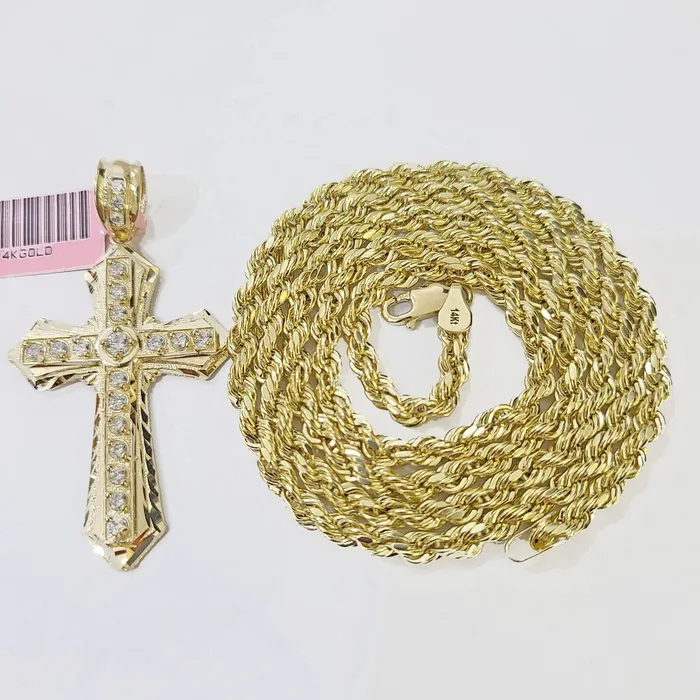 Necklaces 14k Yellow Gold Rope Chain CZ Cross Charm SET 5mm 18 Inches Necklace Globalwatches10