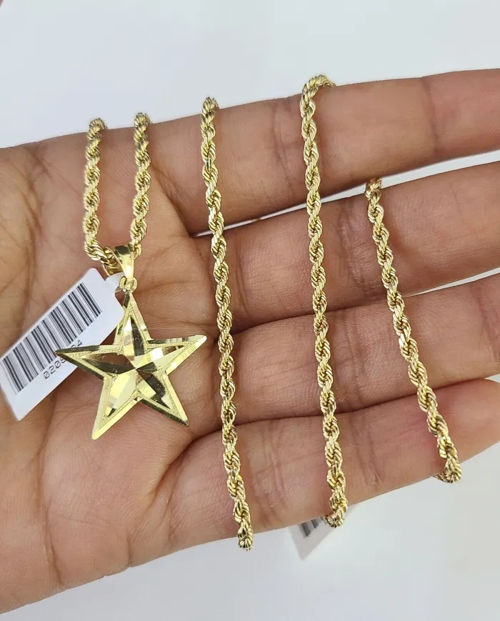 Necklaces Gold and Diamond 10k 25mm Rope Chain Star Pendant 1830 Yellow Gold Set Charm Necklace