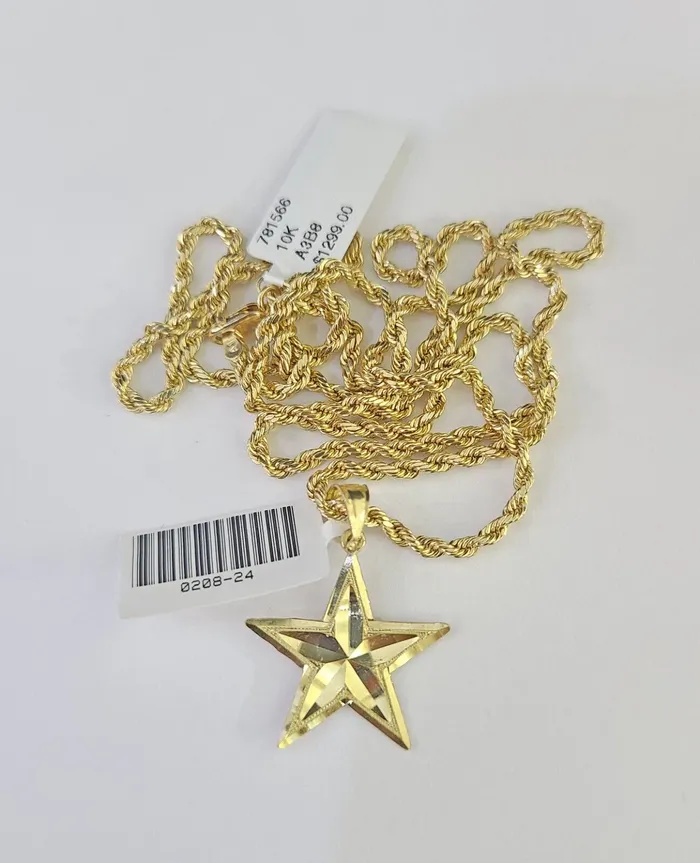 Necklaces Gold and Diamond 10k 25mm Rope Chain Star Pendant 1830 Yellow Gold Set Charm Necklace