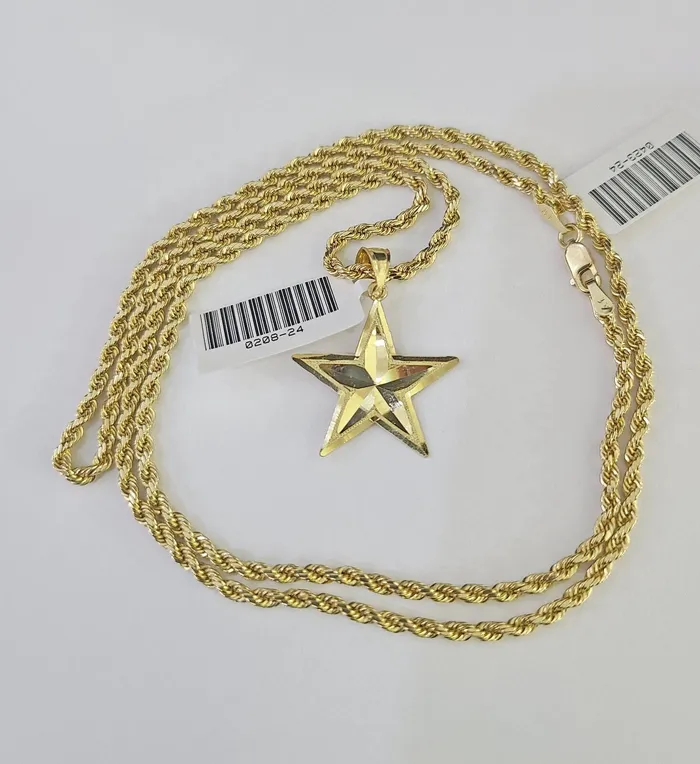 Necklaces Gold and Diamond 10k 25mm Rope Chain Star Pendant 1830 Yellow Gold Set Charm Necklace