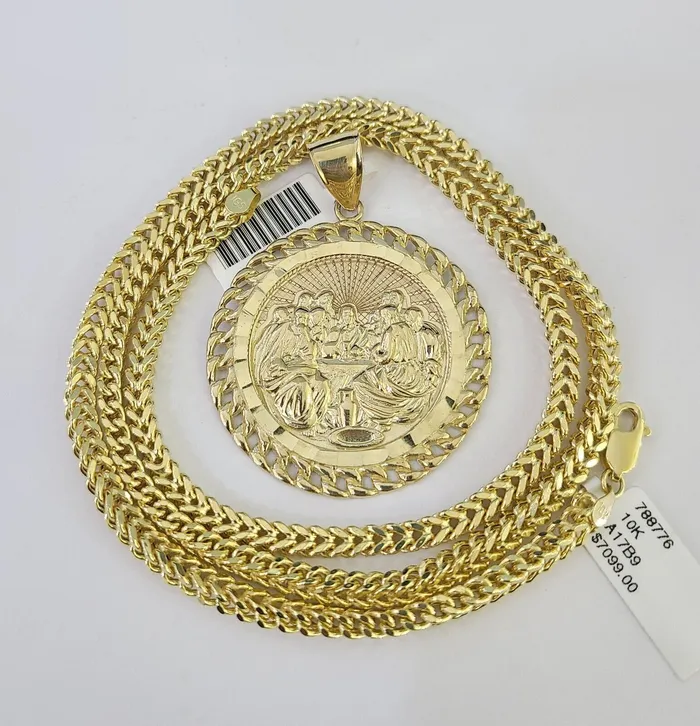 Necklaces Gold and Diamond 10K Franco Chain Last Supper Charm Necklace 2028 4mm Gold SET Yellow