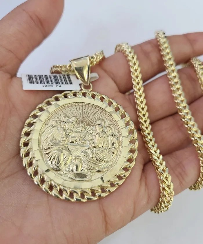 Necklaces Gold and Diamond 10K Franco Chain Last Supper Charm Necklace 2028 4mm Gold SET Yellow