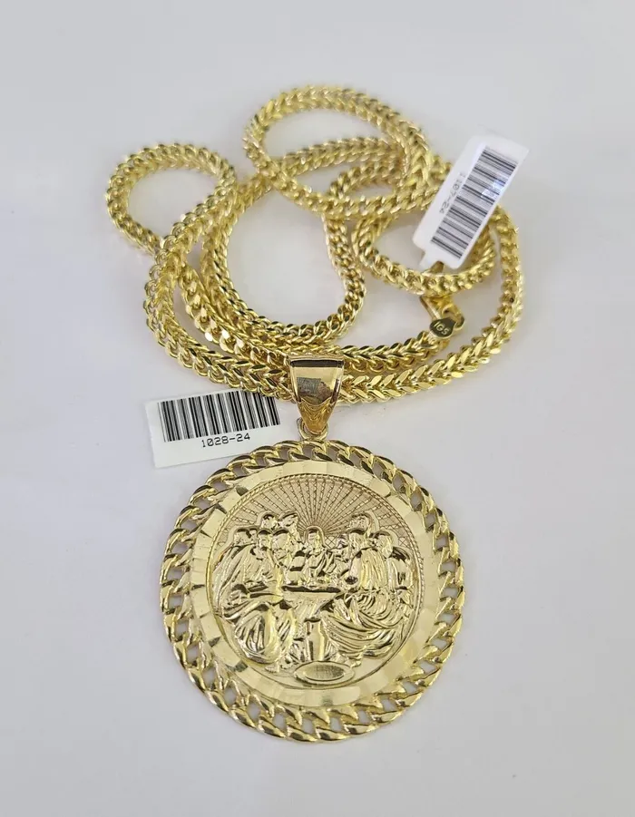 Necklaces Gold and Diamond 10K Franco Chain Last Supper Charm Necklace 2028 4mm Gold SET Yellow