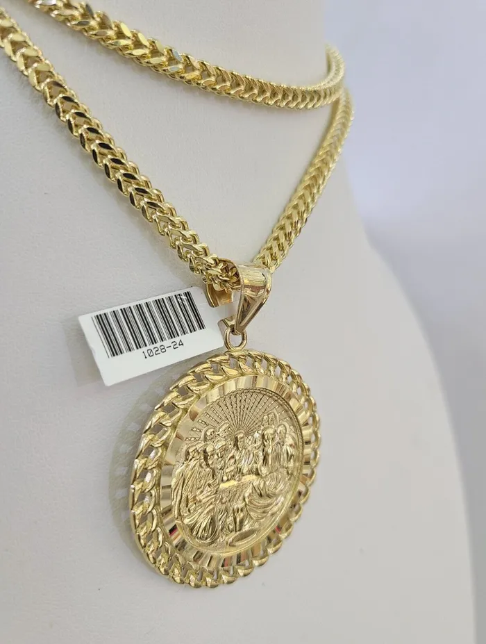 Necklaces Gold and Diamond 10K Franco Chain Last Supper Charm Necklace 2028 4mm Gold SET Yellow