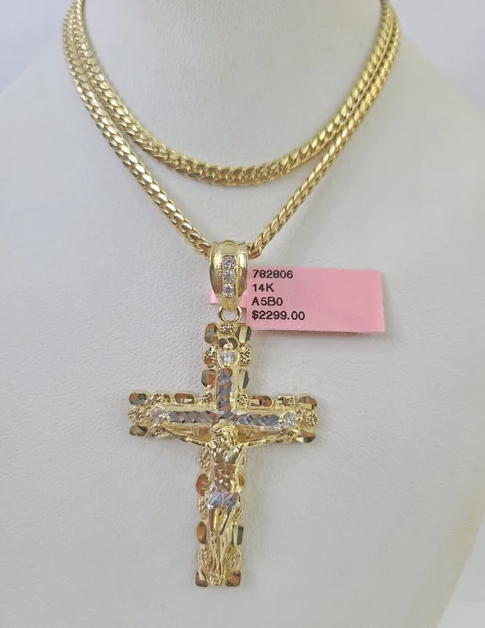 Necklaces Real 14k Solid Chain Cross Charm Set Miami Cuban Link 3mm Necklace Pendant Gold Gold and Diamond Necklaces Real 14k Solid Chain Cross Charm Set Miami Cuban Link 3mm Necklace Pendant Gold Gold and Diamond