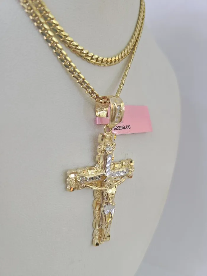 Necklaces Real 14k Solid Chain Cross Charm Set Miami Cuban Link 3mm Necklace Pendant Gold Gold and Diamond
