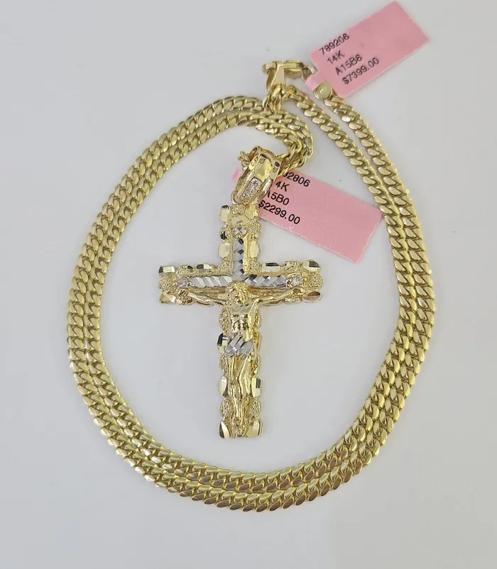 Necklaces Real 14k Solid Chain Cross Charm Set Miami Cuban Link 3mm Necklace Pendant Gold Gold and Diamond