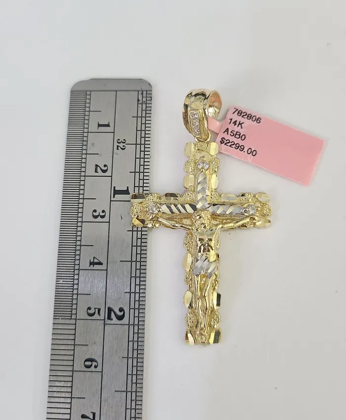 Necklaces Real 14k Solid Chain Cross Charm Set Miami Cuban Link 3mm Necklace Pendant Gold Gold and Diamond