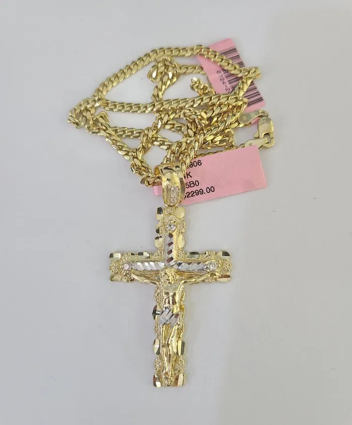 Necklaces Real 14k Solid Chain Cross Charm Set Miami Cuban Link 3mm Necklace Pendant Gold Gold and Diamond