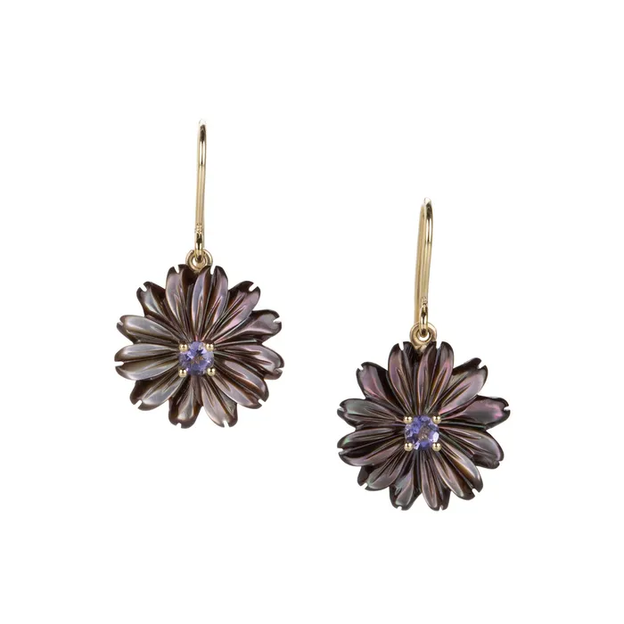 Nicole Landaw Earrings Iolite and Mother of Pearl Flower Earrings