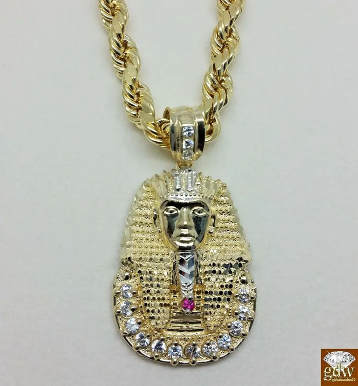 Real 10K 24 Inches Rope Chain 15 Inches long Pharaoh Head Pendant Gold and Diamond Necklaces Real 10K 24 Inches Rope Chain 15 Inches long Pharaoh Head Pendant Gold and Diamond Necklaces