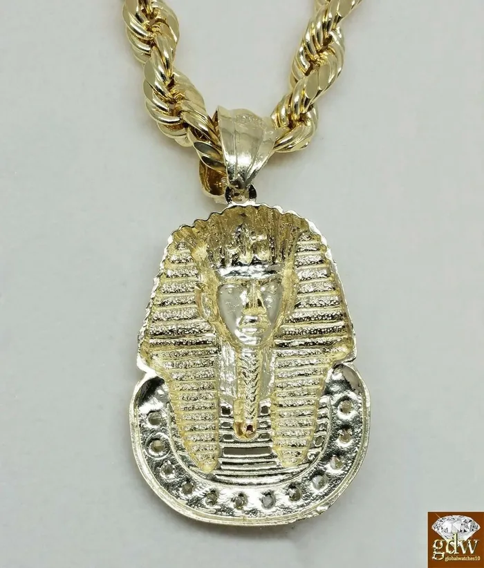 Real 10K 24 Inches Rope Chain 15 Inches long Pharaoh Head Pendant Gold and Diamond Necklaces