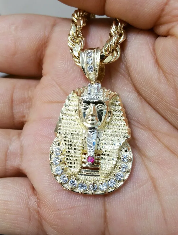 Real 10K 24 Inches Rope Chain 15 Inches long Pharaoh Head Pendant Gold and Diamond Necklaces