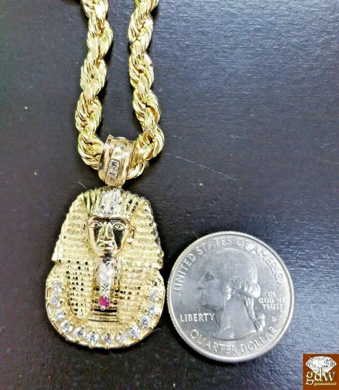 Real 10K 24 Inches Rope Chain 15 Inches long Pharaoh Head Pendant Gold and Diamond Necklaces