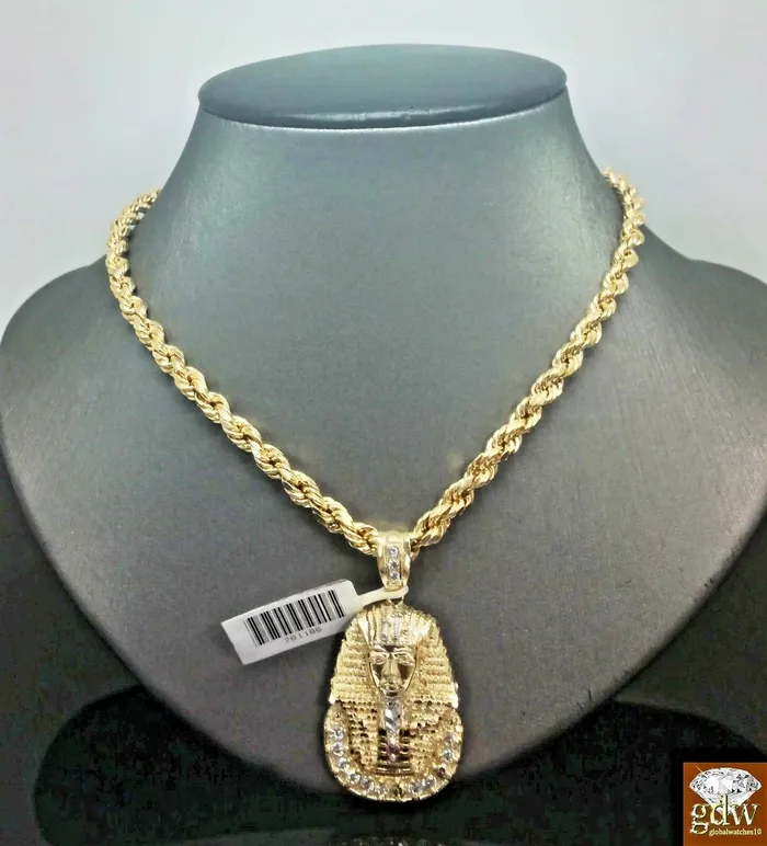 Real 10K 24 Inches Rope Chain 15 Inches long Pharaoh Head Pendant Gold and Diamond Necklaces