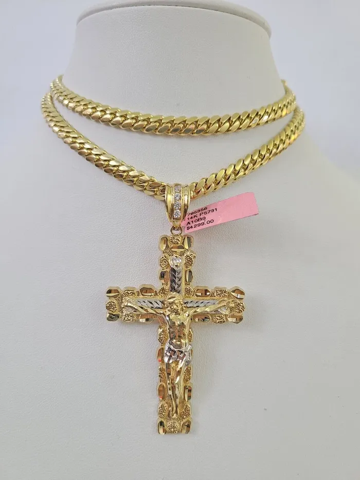 Real 14k Solid Chain Cross Charm Set Miami Cuban Link 6mm Necklace Pendant Gold Gold and Diamond Necklaces Real 14k Solid Chain Cross Charm Set Miami Cuban Link 6mm Necklace Pendant Gold Gold and Diamond Necklaces