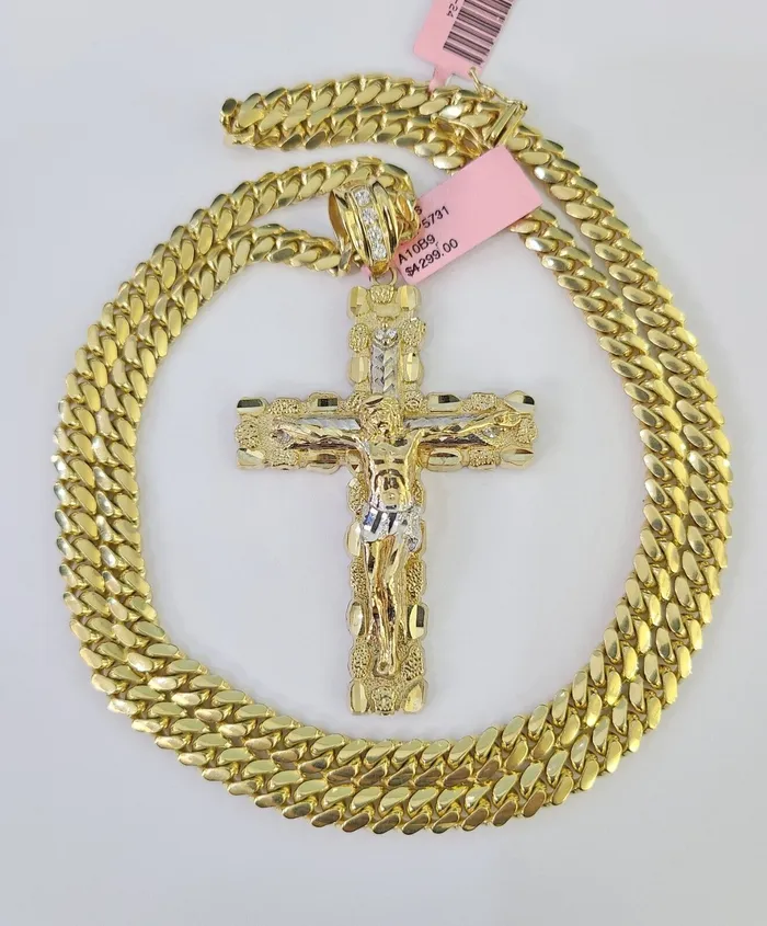 Real 14k Solid Chain Cross Charm Set Miami Cuban Link 6mm Necklace Pendant Gold Gold and Diamond Necklaces
