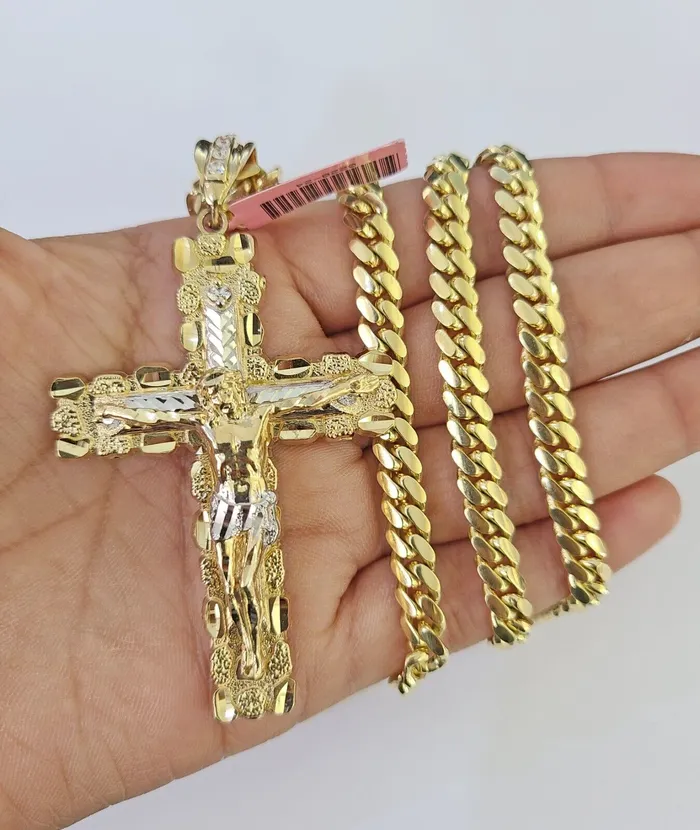 Real 14k Solid Chain Cross Charm Set Miami Cuban Link 6mm Necklace Pendant Gold Gold and Diamond Necklaces