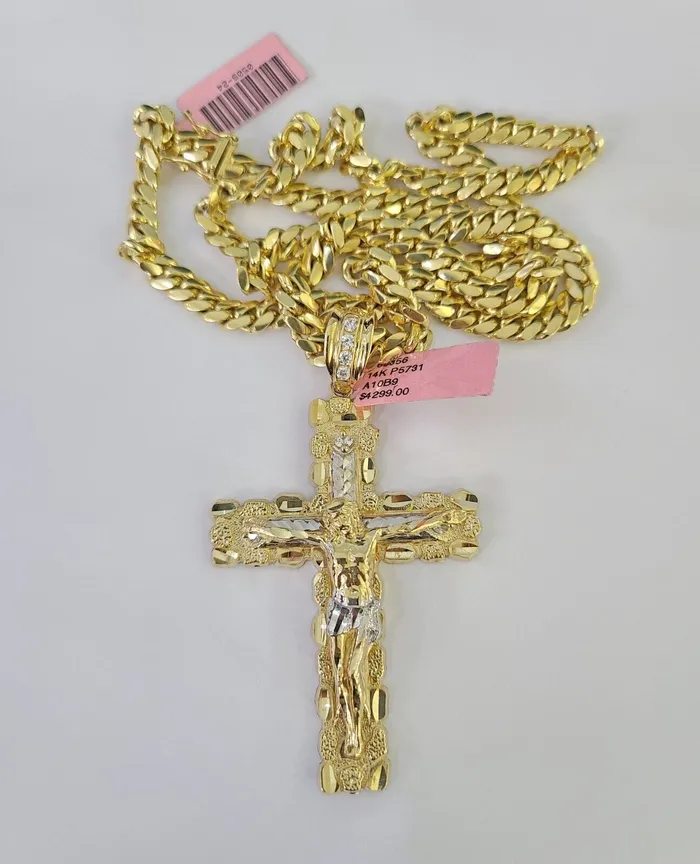 Real 14k Solid Chain Cross Charm Set Miami Cuban Link 6mm Necklace Pendant Gold Gold and Diamond Necklaces