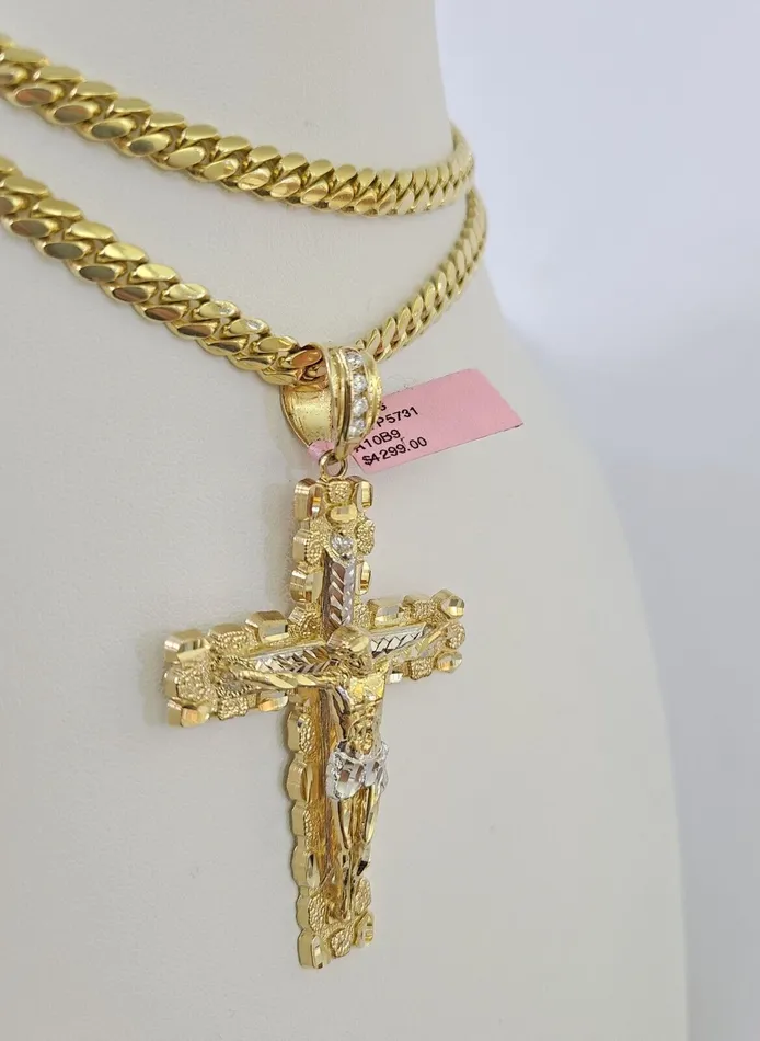Real 14k Solid Chain Cross Charm Set Miami Cuban Link 6mm Necklace Pendant Gold Gold and Diamond Necklaces
