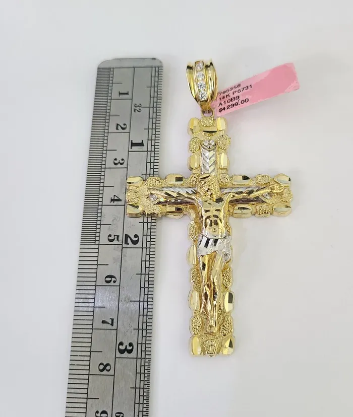 Real 14k Solid Chain Cross Charm Set Miami Cuban Link 6mm Necklace Pendant Gold Gold and Diamond Necklaces