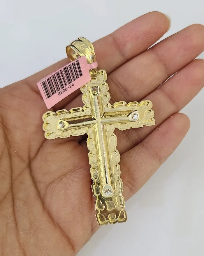 Real 14k Solid Chain Cross Charm Set Miami Cuban Link 6mm Necklace Pendant Gold Gold and Diamond Necklaces