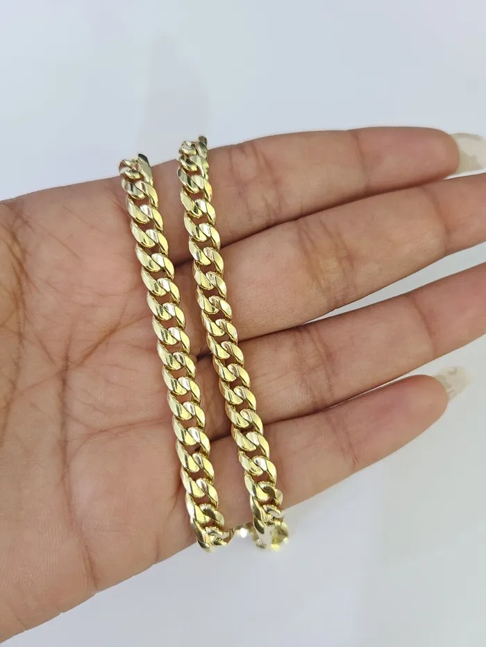 Real 14K Yellow Gold Chain Miami Cuban Link Necklace 20 inch Choker 6mm Hollow Gold and Diamond Necklaces