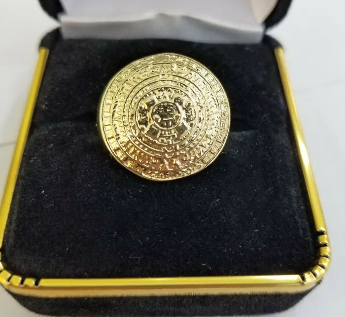 Rings 10k Men Yellow Gold Aztec calendar Ring Round Casual Pinky Globalwatches10