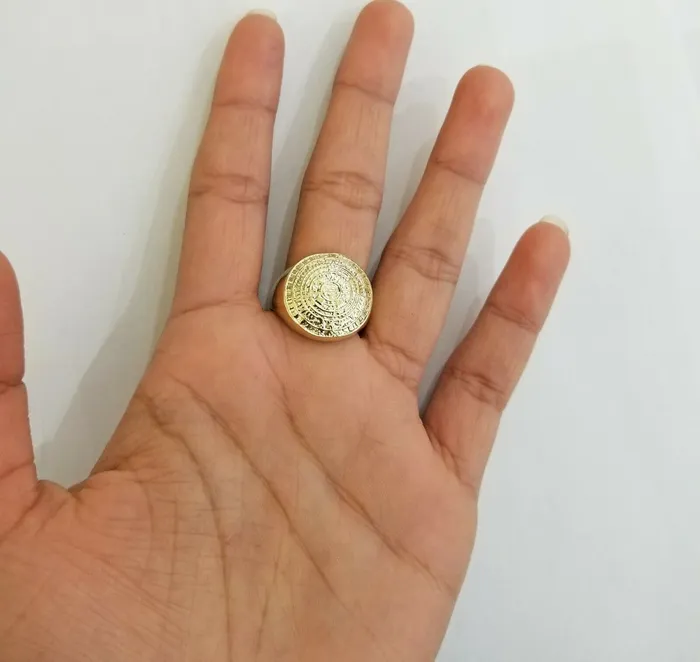Rings 10k Men Yellow Gold Aztec calendar Ring Round Casual Pinky Globalwatches10