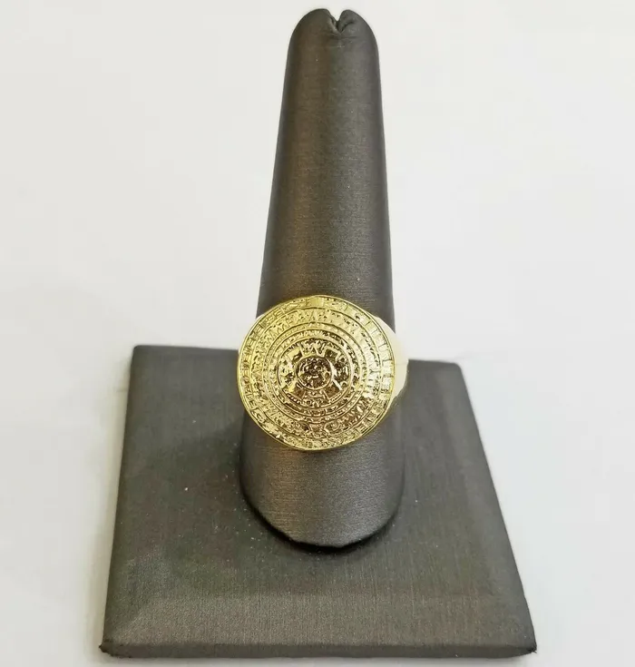 Rings 10k Men Yellow Gold Aztec calendar Ring Round Casual Pinky Globalwatches10