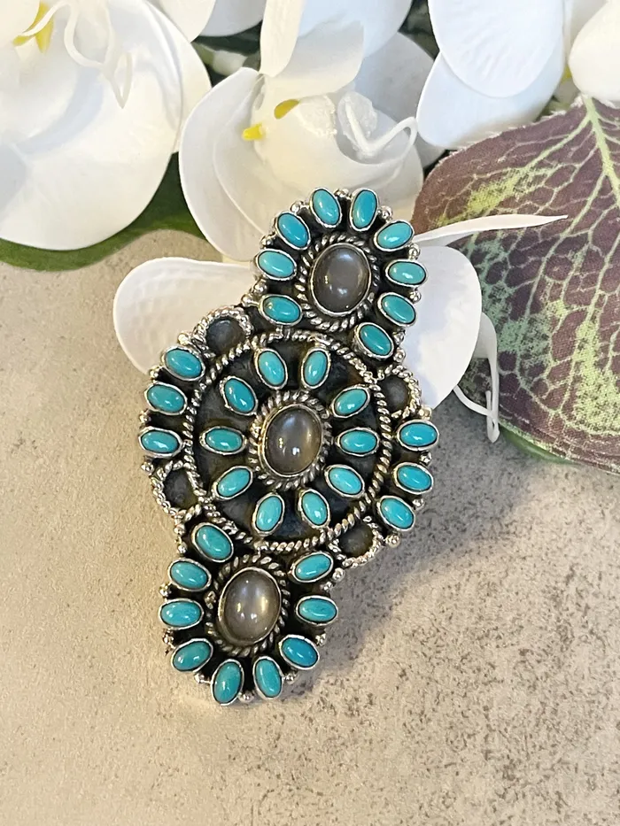 Rings Sterling Silver TurquoiseGrey Moonstone Statement Cluster Ring SophiaRene Boutique