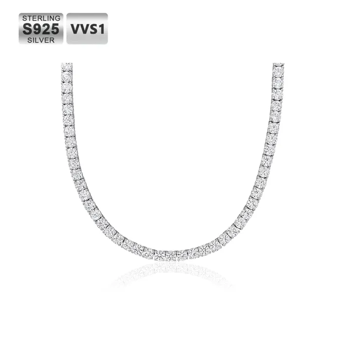 S925 Moissanite Diamond Tennis Chain Necklace in White Gold 4mm PuLuoWang Wuzhou Necklaces