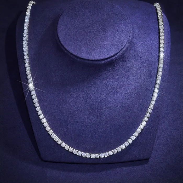 S925 Moissanite Diamond Tennis Chain Necklace in White Gold 4mm PuLuoWang Wuzhou Necklaces