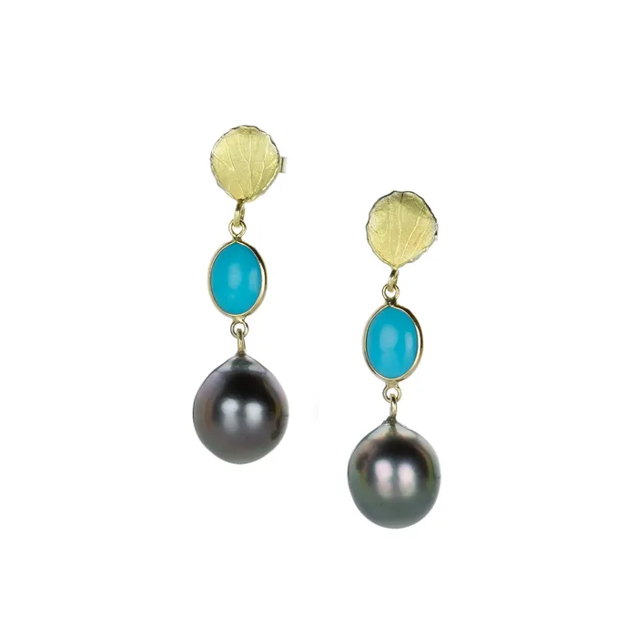 Turquoise and Tahitian Pearl Drop Earrings Barbara Heinrich Earrings