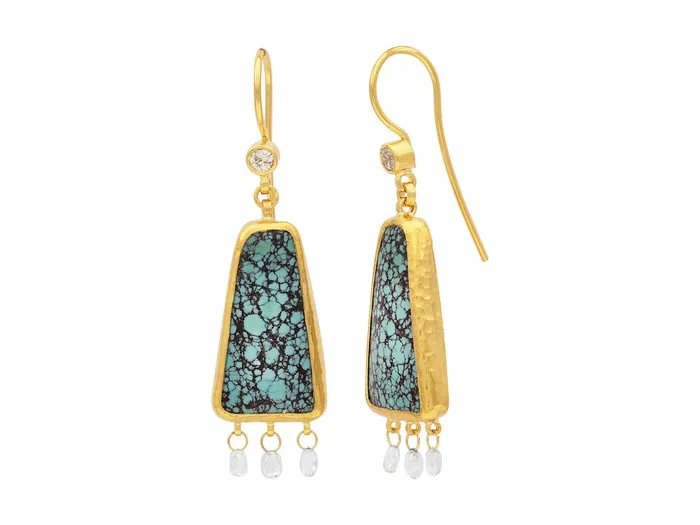 Earrings GG GOLD OOAK GURHAN Rune Gold Turquoise Double Drop Earrings 22x12mm Amorphous on Wire Hook Earrings GG GOLD OOAK GURHAN Rune Gold Turquoise Double Drop Earrings 22x12mm Amorphous on Wire Hook