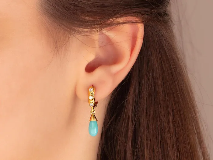 Earrings GG GOLD OOAK GURHAN Spell Gold Turquoise Single Drop Earrings 10x5mm Teardrop on Round Huggie