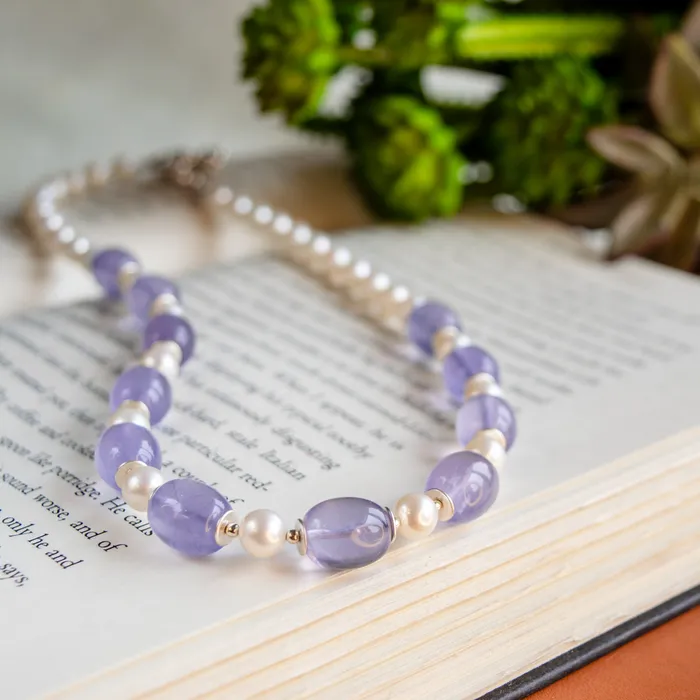 Elisa Ilana Necklaces Lavender Chalcedony Barrels Freshwater Pearl Necklace
